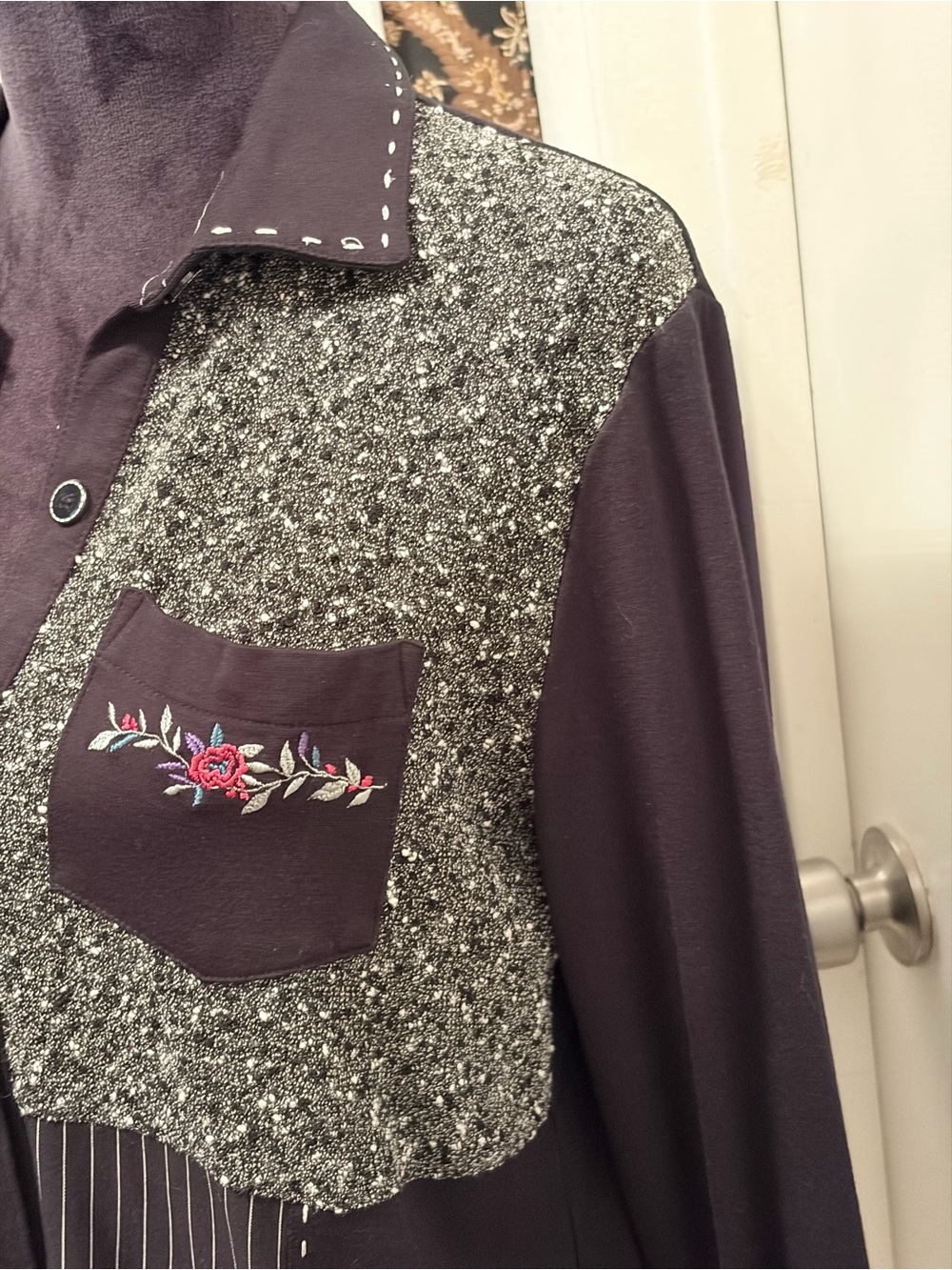 Teddi Black Patchwork Button-Up Blouse with Pink Floral Embroidery - Picture 4 of 11